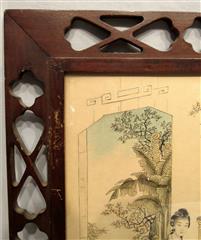 Set of 2 Grisaille Style Asian Ink Drawings Framed In Matching Latice Cutout Woo